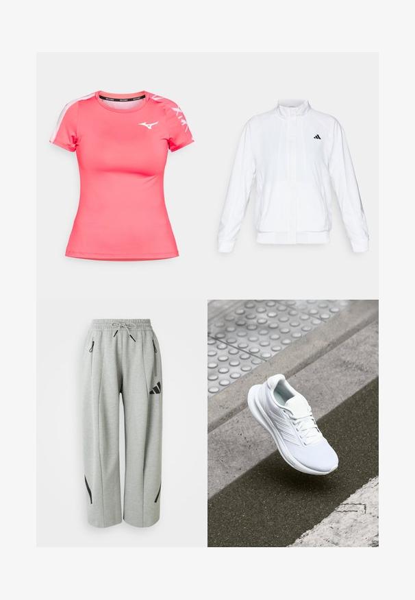 Hvid atletisk jakke med opretstående krave, lange ærmer og lynlås fortil. Har et sort logo på den øverste venstre side. Glat tekstur.; Lyserød atletisk skjorte lavet af glat, åndbart stof. Har korte ærmer, rund halsudskæring og et hvidt logo på brystet og ærmerne.; Lys grå sweatpants lavet af blødt stof med elastisk talje, snor og sorte detaljer på lommer og sider.; Hvide sportsko med overdel i netmateriale, snørebåndsdesign og struktureret sål. Subtile branding og sømløse konstruktionsdetaljer er synlige.