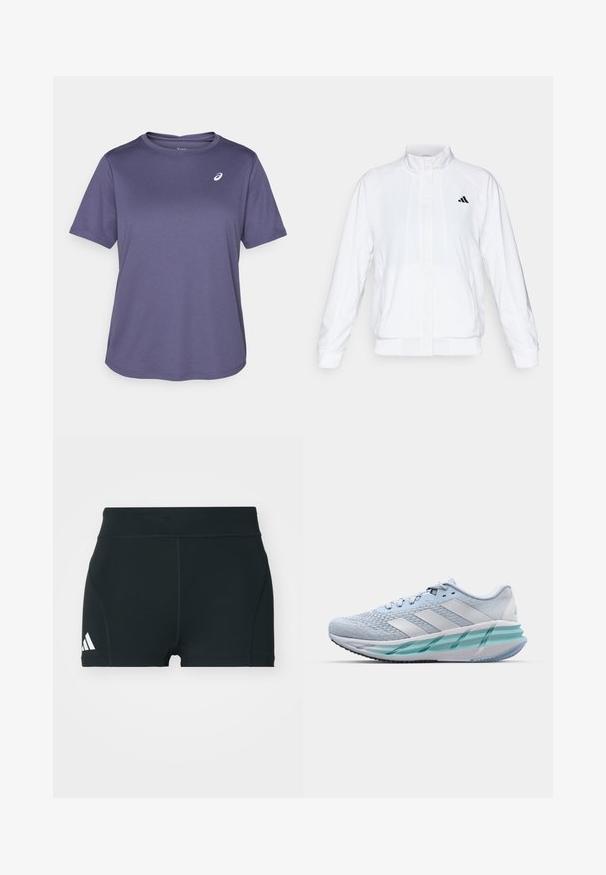 Biała sportowa kurtka z kołnierzem stójkowym, długimi rękawami i zapięciem na zamek. Posiada czarne logo po lewej stronie u góry. Gładka tekstura.; Ciemnofioletowa koszulka sportowa, okrągły dekolt, krótkie rękawy, wykonana z teksturowanej tkaniny, z małym białym logo na lewej stronie klatki piersiowej.; Czarne sportowe szorty wykonane z elastycznego materiału, z wysokim stanem, dopasowanym krojem i białym logo Adidas po lewej stronie.; Jasnoniebieskie buty sportowe z teksturowaną cholewką z dzianiny, białymi akcentami i przezroczystą zieloną podeszwą środkową. Okrągły czubek i wyściełany kołnierz.