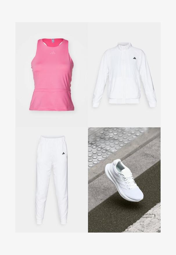 Bela atletska jakna s visokim ovratnikom, dolgimi rokavi in zadrgo spredaj. Ima črni logotip na zgornji levi strani. Gladka tekstura.; Roza atletska majica brez rokavov, izdelana iz gladkega in lahkega materiala. Ima okroglo izrez, brezrokavni dizajn in diskretno dekoracijo na prsih.; Bele športne hlače z elastičnim pasom in manšetami. Imajo stranske žepe in majhen črn logotip na levi stegn. Gladek zaključek tkanine.; Bela športna čevelj z zgornjim delom iz mrežastega materiala, vezalnim oblikovanjem in teksturiranim podplatom. Opazne so subtilne znamke in brezšivne konstrukcijske podrobnosti.