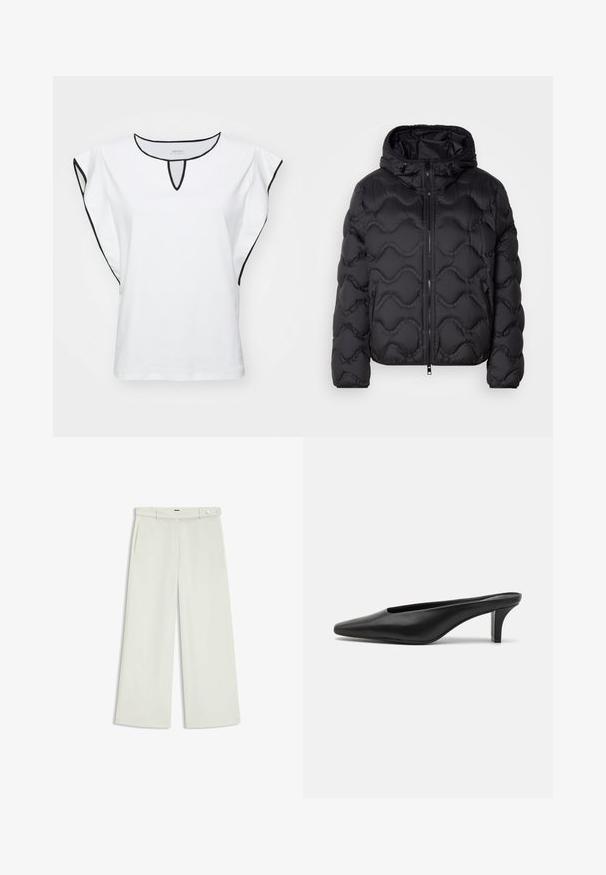 Black puffer jacket with a hood, featuring a quilted design, two side pockets, and a front zipper closure. Material appears smooth and insulated.; White cotton T-shirt with black contrast trim and short, wide sleeves. Keyhole neckline at the front; relaxed fit with smooth texture.; Wide-leg pants in light cream fabric, featuring side pockets, a flat front, and a single button closure at the waist. Smooth texture.; Black leather pointed-toe mules with a low stiletto heel. Smooth texture, minimalistic design, and open back for easy wear.