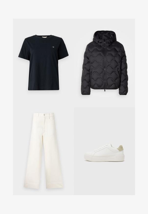 Črn zimski jopič s kapuco, ki ima prešito zasnovo, dva stranska žepa in sprednje zadrgo. Material se zdi gladek in izoliran.; Črna bombažna majica s kratkimi rokavi, krožnim ovratnikom in majhnim logotipom izvezenim na levem prsnem delu. Klasičen, sproščen kroj.; Široke hlače iz svetlo bež bombaža. Imajo visoko pas, sprednje žepke in ravno krojenje. Čist zaključek brez vzorcev.; Bela tene s športnim zgornjim delom iz gladke usnje, svetlo siva aneks na peti iz semiša in masiven bel gumijast podplat. Ponuja sistem zavezovanja.