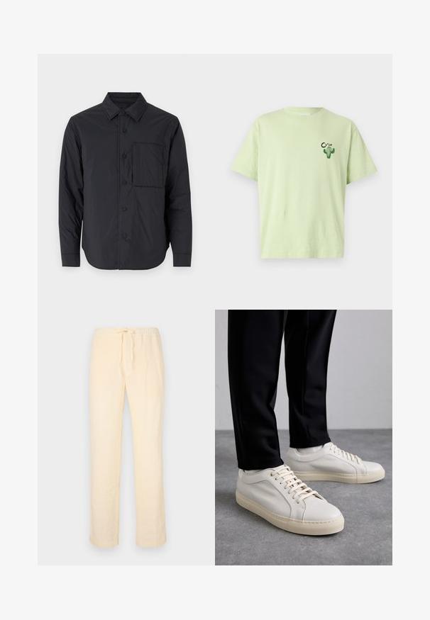 Schwarzes, leichtes Hemd mit Knopfleiste, spitzem Kragen, langen Ärmeln und einer einzelnen Brusttasche mit strukturiertem Muster.; Hellgrünes T-Shirt aus Baumwolle mit kurzen Ärmeln, das ein Kaktus-Motiv mit dem Wort "CLOSED" in Schwarz nahe der linken Brust zeigt.; Helle, lockere Hosen aus weichem Stoff, mit einem elastischen Bund und Kordelzug sowie geraden Beinen.; Helle beigefarbene Leder-Sneaker mit flachen Schnürsenkeln, einer strukturierten Oberfläche und einer kontrastierenden, cremefarbenen Gummisohle, kombiniert mit schwarzen eng geschnittenen Hosen.