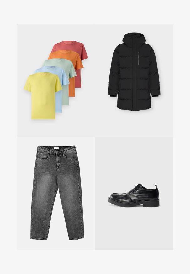 Black puffer jacket with a high collar and zippered front. Features side pockets, a smooth texture, and quilted design with padded sections.; Five short-sleeve t-shirts in a gradient: yellow, light blue, mint green, orange, and coral. Soft fabric with a crew neck design.; Black washed straight-leg jeans with front and back pockets, belt loops, and a button closure at the waist.; Black leather dress shoe with rounded toe, lace-up front, and a decorative seam. Features a thick, textured rubber sole and a heel tab.