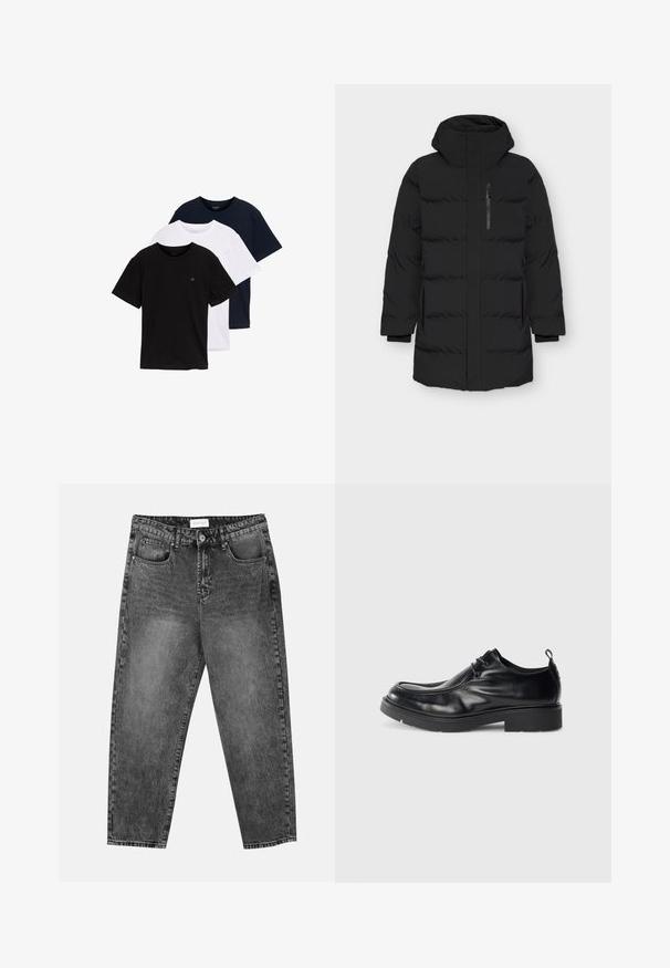 Black puffer jacket with a high collar and zippered front. Features side pockets, a smooth texture, and quilted design with padded sections.; Set of three short-sleeve T-shirts in black, white, and dark blue. Made of cotton, featuring a crew neck and a small logo on the chest.; Black washed straight-leg jeans with front and back pockets, belt loops, and a button closure at the waist.; Black leather dress shoe with rounded toe, lace-up front, and a decorative seam. Features a thick, textured rubber sole and a heel tab.