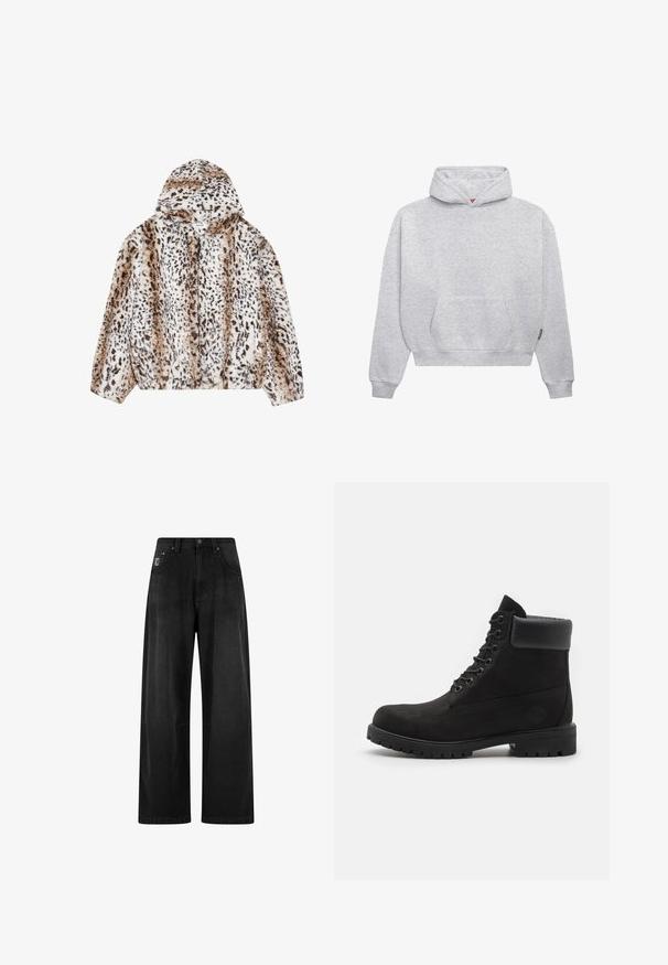 YOURTURN UNISEX - Ziemas jaka - beige; Gaiši pelēks džemperis kapucei, kas izgatavots no mīksta kokvilnas maisījuma. Iezīmējas ar kangoru kabatu, ribotām piedurknēm un kapuci ar auklu, kā arī minimālisma dizainu.; Platuma kāju melnas džinsa bikses ar augstu jostasvietu, kurām ir četras kabatas un mazs logo uzlīme priekšā. Gluda tekstūra, pamata dizains.; Melni šņorējamie potīšu zābaki ar mīkstu apkakli un izturīgu zoli, parādīti profila skatā uz balta fona.