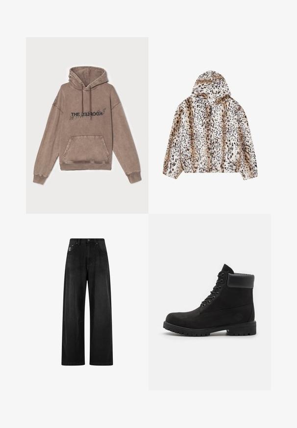 YOURTURN UNISEX - Winter jacket - beige; Brown hooded sweatshirt in soft cotton blend, featuring a front pocket and graphic text design. Relaxed fit with ribbed cuffs and hem.; Wide-leg black denim pants with a high waist, featuring four pockets and a small logo tag on the front. Smooth texture, basic design.; Black lace-up ankle boot with padded collar and rugged sole, shown in profile against a white background.