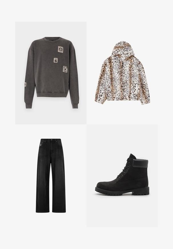 YOURTURN UNISEX - Winterjacke - beige; Grau Sweatshirt aus Baumwollmischung, mit Rundhalsausschnitt, langen Ärmeln und dekorativen, bestickten Aufnähern von Postwertzeichen.; weite schwarze Denim-Hosen mit hoher Taille, ausgestattet mit vier Taschen und einem kleinen Logosticker auf der Vorderseite. Glatte Textur, schlichtes Design.; Schwarze geschnürte Knöchelboots mit gepolstertem Kragen und robustem Profil, im Profil vor einem weißen Hintergrund dargestellt.