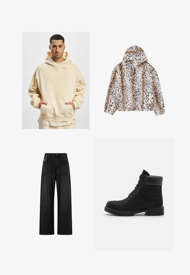 YOURTURN UNISEX - Winter jacket - beige; Beige oversized hoodie made of soft fabric, featuring a large front pocket and a drawstring hood. Lower hem includes a brand tag.; Wide-leg black denim pants with a high waist, featuring four pockets and a small logo tag on the front. Smooth texture, basic design.; Black lace-up ankle boot with padded collar and rugged sole, shown in profile against a white background.