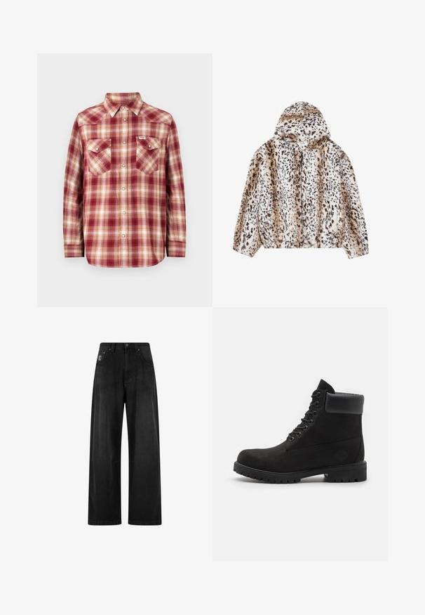 YOURTURN UNISEX - Talvejope - beige; Punane ja kreemjas ruuduline flanellikaelusega särk, pükste jaoks ja pikad varrukad, kahel rinnaosal taskud. Omab metallist nuppe ja lahedat lõiget.; Laia mustriga mustad teksased, millel on kõrge vöökoht, neli taskut ja väike logo silt rinnal. Sile tekstuur ja põhikujundus.; Mustade lacesega pahkluu saapad pehme kraega ja robustse tallaga, kujutatud profiilis valge taustaga.