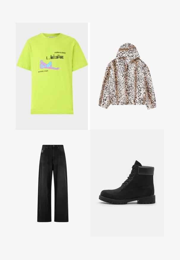 YOURTURN UNISEX - Chaqueta de invierno - beige; Camiseta de algodón verde lima con un estampado gráfico que incluye elementos azules y rosas, texto, y un corte holgado. Mangas cortas y cuello redondo.; Pantalones de denim negros de pierna ancha con cintura alta, que cuentan con cuatro bolsillos y una pequeña etiqueta con el logo en la parte frontal. Textura suave, diseño básico.; Botín negro con cordones hasta el tobillo, con cuello acolchado y suela resistente, mostrado de perfil sobre un fondo blanco.