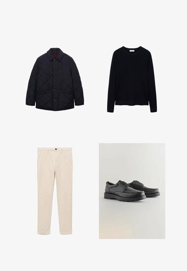 Granatowa pikowana kurtka z okrągłym kołnierzem, zapięciem na guziki z przodu i dwiema kieszeniami bocznymi. Posiada teksturowany, wytłaczany design.; Czarny, prążkowany sweter z długim rękawem, z okrągłym dekoltem i subtelną teksturą. Zakończone mankiety i dół swetra podkreślają jego zorganizowany krój.; Beżowe bawełniane spodnie o prostym kroju, z dwiema bocznymi kieszeniami, z przodem zapinanym na guzik i zamek błyskawiczny oraz gładką teksturą.; Czarne skórzane buty z teksturowaną cholewką, okrągłym noskiem, sznurowanym zapięciem oraz grubą gumową podeszwą z bieżnikiem.