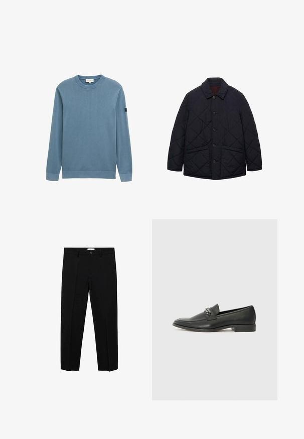 Marinblå quiltad jacka med rundad krage, knappstängning fram och två sidofickor. Har en strukturerad, vadderad design.; Blå crewneck sweatshirt med långa ärmar, tillverkad av mjukt bomullstyg, med ribbad krage och manschetter, samt en diskret logotyp på ärmen.; Svarta skräddarsydda byxor med rak passform, med en knappknäppning, bälteshällor och framfåll. Tillverkade av ett slätt tyg.; Svart läderloafers med en slät yta, med en sydd design och en dekorativ metallkedjeaccent över västen. Platt häldesign.