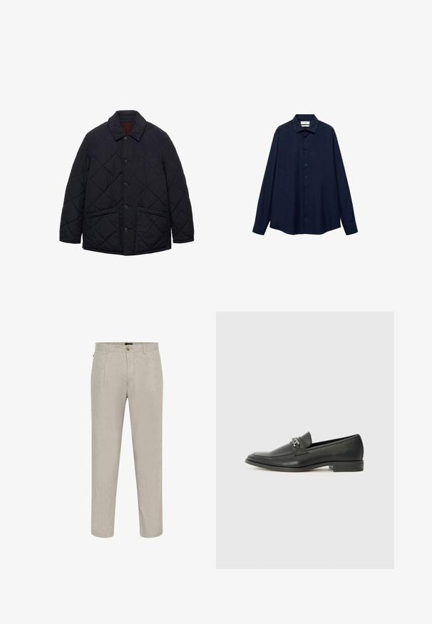 Marinblå quiltad jacka med rundad krage, knappstängning fram och två sidofickor. Har en strukturerad, vadderad design.; Marinblå knapp-up skjorta med krage, långa ärmar och rak nederkant. Har en mjuk textur och fem framknappar.; Beiga linnbyxor med en texturerad yta, med en rak bendesign, två framfickor och en knappstängning i midjan.; Svart läderloafers med en slät yta, med en sydd design och en dekorativ metallkedjeaccent över västen. Platt häldesign.