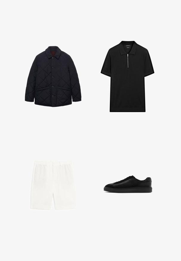 Marineblauwe gewatteerde jas met een ronde kraag, knoopsluiting aan de voorkant en twee zijzakken. Heeft een gestructureerd, gewatteerd ontwerp.; Zwarte polo met korte mouwen, een staande kraag en een rits aan de voorkant. Gemaakt van een gladde stof met een schoon, minimalistisch ontwerp.; Witte op maat gemaakte shorts met een vlakke voorkant, tailleband met elastiek en zonder zakken. Gemaakt van lichtgewicht stof, met een gladde textuur.; Zwarte leren sneakers met een gladde afwerking, ronde neus, vetersluiting aan de voorkant en een contrasterende, gestructureerde tong. Dikke zwarte rubberen zool.