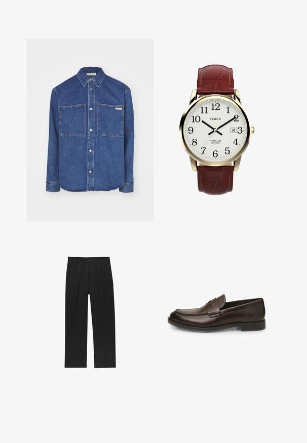 Czarna skórzana kurtka z kołnierzykiem, przednim zapięciem na zamek, dwoma bocznymi kieszeniami na zamek oraz gładką fakturą.; Czarny sweter dzianinowy z wysokim kołnierzem, długimi rękawami oraz prążkowanymi mankietami i dołem, charakteryzujący się gładką teksturą i klasyczną sylwetką.; Calvin Klein Jeans - Koszula; Czarne spodnie o prostym kroju, wykonane z gładkiego materiału. Posiadają zakładki z przodu i pojedyncze zapięcie na guziki w pasie.; Brązowe skórzane mokasyny o gładkiej fakturze, zaokrąglonym nosku i detalach przeszycia. Posiadają niski, piętrowy obcas i są wygodne w zakładaniu.; Zegarek Timex z białą tarczą, czarnymi arabskimi cyframi i złotą kopertą. Posiada brązowy skórzany pasek z efektem krokodylej skóry oraz okno daty.