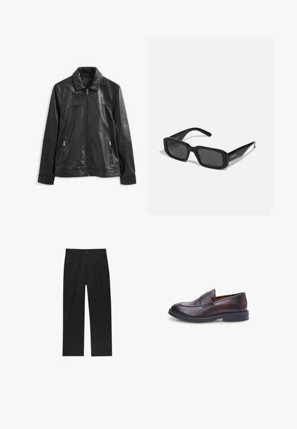 Czarna skórzana kurtka z kołnierzykiem, przednim zapięciem na zamek, dwoma bocznymi kieszeniami na zamek oraz gładką fakturą.; Czarny sweter dzianinowy z wysokim kołnierzem, długimi rękawami oraz prążkowanymi mankietami i dołem, charakteryzujący się gładką teksturą i klasyczną sylwetką.; Czarne spodnie o prostym kroju, wykonane z gładkiego materiału. Posiadają zakładki z przodu i pojedyncze zapięcie na guziki w pasie.; Brązowy skórzany mokasyn o gładkiej fakturze, zaokrąglonym nosku i podwójnym pasku; posiada czarną gumową podeszwę i przeszywane akcenty.; Arnette THEKIDD UNISEX - Okulary przeciwsłoneczne; Zegarek Timex z białą tarczą, czarnymi arabskimi cyframi i złotą kopertą. Posiada brązowy skórzany pasek z efektem krokodylej skóry oraz okno daty.