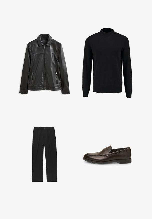 Schwarze Lederjacke mit Kragen, Frontreißverschluss, zwei seitlichen Reißverschlusstaschen und glatter Oberfläche.; Schwarzer Strickpullover mit hohem Kragen, langen Ärmeln und gerippten Bündchen und Saum, der eine glatte Textur und eine klassische Silhouette aufweist.; Schwarze Hose mit geradem Schnitt, aus einem glatten Stoff gefertigt. Verfügt über Vorderfalten und einen einzelnen Knopfverschluss an der Taille.; Braune Lederloafers mit glatter Textur, abgerundeter Zehenpartie und gestickten Details. Verfügt über einen niedrigen, gestapelten Absatz und ein Slip-On-Design.
