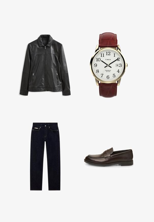 Juodas odinis švarkas su apykakle, priekiniai užtrauktuko uždarymas, dvi šoninės kišenės su užtrauktuku ir lygi tekstūra.; Juodas megztinis su aukštu apykakle, ilgomis rankovėmis ir raukšlėmis rankogaliuose bei gala, pasižymintis lygiu paviršiumi ir klasikinio silueto.; Tamsiai mėlyni džinsai su tiesiomis kojomis, penkios kišenės, kontrastingi oranžiniai siūlai ir mažas prekės ženklas etiketė ant juosmens.; Rudos odinės loafer'iai su lygia tekstūra, suapvalintu nykščiu ir siuvinėjimo detalėmis. Turi žemą, stacked kulną ir lengvai įdedamą dizainą.; Timex laikrodis su baltu ciferblatu, juodais arabų skaičiais ir auksinės spalvos korpusu. Ypatybės: rudos spalvos odinė apyrankė su krokodilų raštu ir datos langeliu.