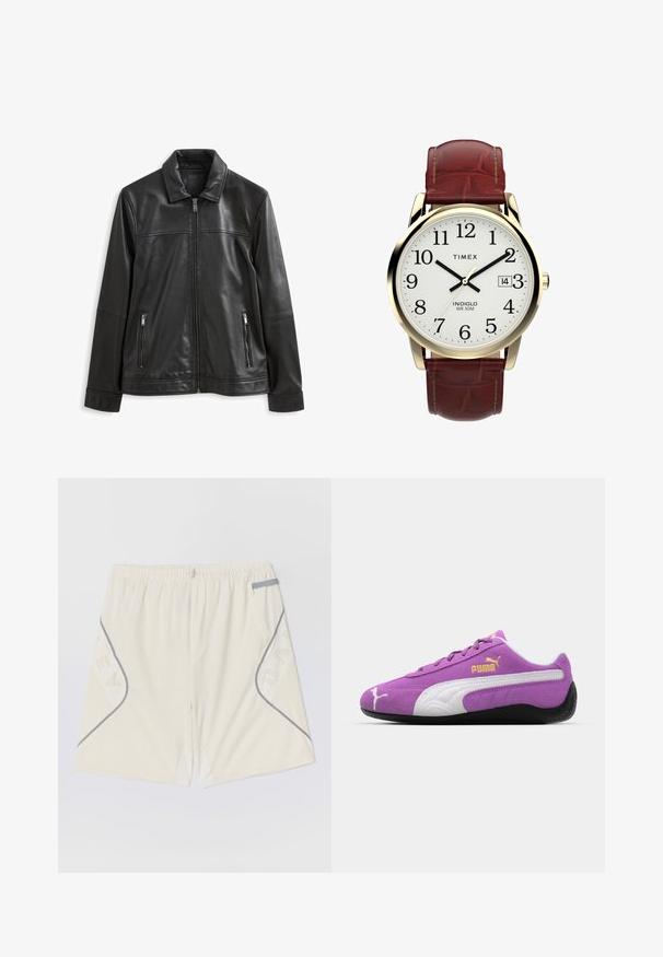 Musta nahkatakki, jossa on kauluspää, edessä vetoketjusuljenta, kaksi sivussa vetoketjullista taskua ja sileä pinta.; Musta farkkutakki, jossa on pitkät hihat, napitettava kaulus ja hopeiset yksityiskohdat. Ominaisuuksiin kuuluu suora leikkaus ja yksinkertainen rakenne.; Vaaleanbeiget urheilushortsit, joissa on joustava vyötärö, harmaa estradi ja sivutaskut, joissa on kuvioitu design. Valmistettu hengittävästä materiaalista.; Violet nahka-tossut valkoisilla yksityiskohdilla, kultainen "Puma"-logo, teksturoitu muotoilu ja musta kumipohja. Matalakantaiset urheilumallit.; Timex kello, jossa on valkoinen kellotaulu, mustat arabialaiset numerot ja kultasävyinen kuori. Varustettu ruskealla krokotiilikuosilla varustetulla nahkaketjulla ja päivämääränäytöllä.
