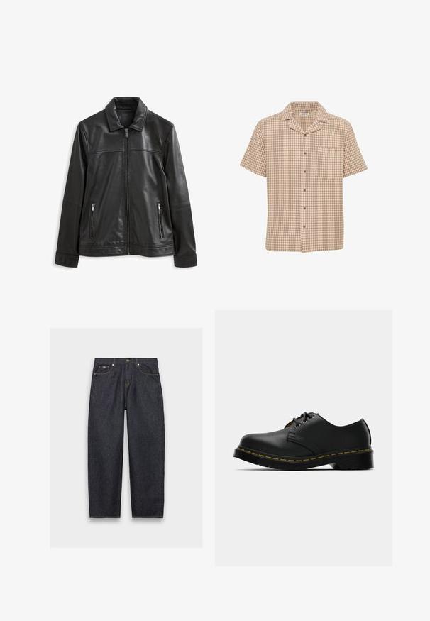 Černá kožená bunda s límcem, předním zipem, dvěma postranními kapsami na zip a hladkým povrchem.; Košilové triko s krátkým rukávem a hnědo-krémovým kostkovaným vzorem, náprsní kapsou, měkkou látkou a otevřeným límcem.; Tmavě modré džíny z denimu se rovný střih, pěti kapsami a kontrastním žlutým šitím. Mají kovové zapínání na knoflík a poutka na pás.; Černé kožené boty s kulatou špičkou, šněrovací design, žluté prošívání podél podrážky a robustní černá gumová podrážka pro lepší trakci.