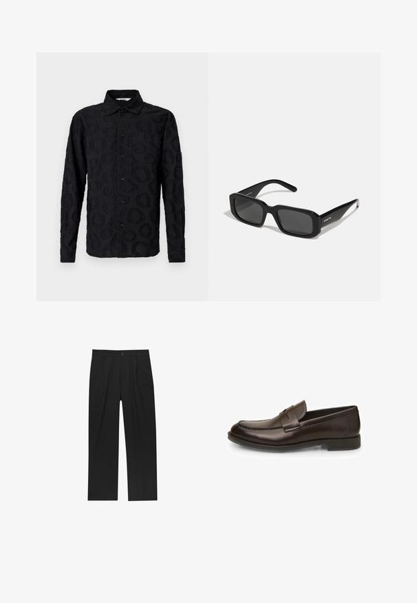 Veste en cuir noire avec un col, fermeture éclair à l'avant, deux poches zippées sur les côtés et une texture lisse.; Chemise noire à manches longues avec un motif circulaire texturé subtil et une poche poitrine, présentée sur un fond blanc.; Pantalons noirs au design droit, fabriqués à partir d'un tissu lisse. Dotés de plis sur le devant et d'une fermeture à un bouton à la taille.; Mocassins en cuir marron avec une texture lisse, bout rond et détails de couture. Dotés d'un talon bas empilé et d'un design à enfiler.; Arnette THEKIDD UNISEX - Lunettes de soleil - black