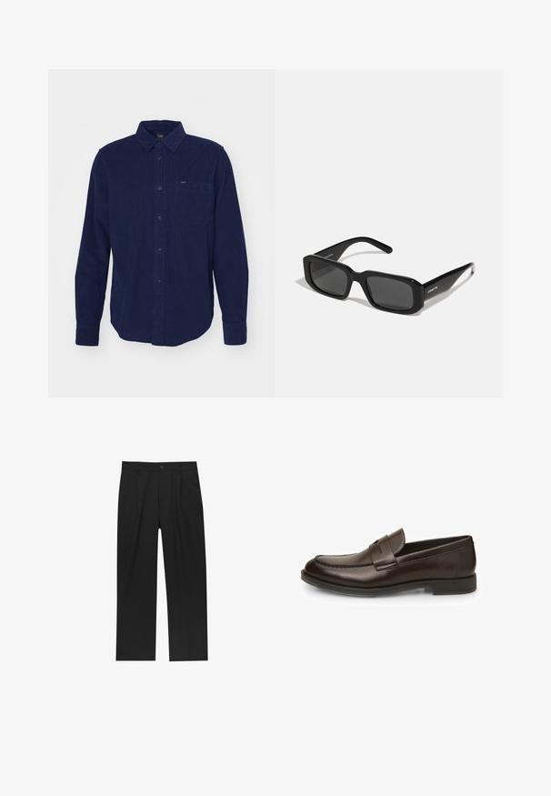 Veste en cuir noire avec un col, fermeture éclair à l'avant, deux poches zippées sur les côtés et une texture lisse.; Chemise en velours côtelé bleu marine à manches longues, col boutonné, poche frontale et détails texturés subtils. Présente une étiquette de marque au col.; Pantalons noirs au design droit, fabriqués à partir d'un tissu lisse. Dotés de plis sur le devant et d'une fermeture à un bouton à la taille.; Mocassins en cuir marron avec une texture lisse, bout rond et détails de couture. Dotés d'un talon bas empilé et d'un design à enfiler.; Arnette THEKIDD UNISEX - Lunettes de soleil - black; Montre Timex avec un cadran blanc, des chiffres arabes noirs et un boîtier doré. Équipée d'un bracelet en cuir marron embossé crocodile et d'un affichage de la date.