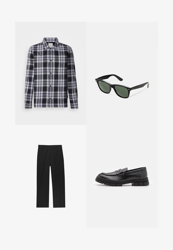 Schwarze Lederjacke mit Kragen, Frontreißverschluss, zwei seitlichen Reißverschlusstaschen und glatter Oberfläche.; Schwarz-weiße kariertes Hemd mit langen Ärmeln, Knopf-verschluss vorne und einem klassichen Kragen. Weicher Stoff mit glatter Textur.; Schwarze Hose mit geradem Schnitt, aus einem glatten Stoff gefertigt. Verfügt über Vorderfalten und einen einzelnen Knopfverschluss an der Taille.; Schwarze Lederloafer mit glatter Oberfläche, ausgestattet mit einem vorderen Riemendetail und einer klobigen Gummisohle mit gerippten Akzenten.; Schwarze Plastiksonnenbrille mit grünen Gläsern, quadratischen Rahmen, silbernem Akzent auf der Augenbraue und strukturierten Bügeln. Angegebene Marke auf dem inneren Bügel.