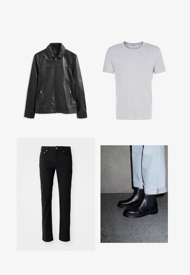 Juodas odinis švarkas su apykakle, priekiniai užtrauktuko uždarymas, dvi šoninės kišenės su užtrauktuku ir lygi tekstūra.; Pilkas medvilnės t-shirt'as su apvalia apykakle, trumpomis rankovėmis ir vientisu dizainu, pasižymintis švelnia, lygiąja tekstūra be matomų raštų ar puošmenų.; Juodos džinsinės kelnės su tiesiais džinsais, turinčios priekinį mygtuko užsegimą, penkias kišenes ir subtilius siuvinėjimo akcentus.; Juodi odiniai Chelsea auliniai batai su elastinėmis šoninėmis panelėmis ir tekstūruotu guminiu padu, derinami su šviesiai mėlynomis sukabintomis džinsinėmis kelnių.
