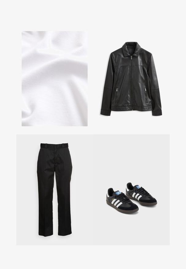 Čierna kožená bunda s golierom, predným zipsovým zapínaním, dvoma bočnými zipsovými vreckami a hladkým povrchom.; Biela bavlnená látka s hladkým povrchom, s jemnými záhybmi a sklady, ktoré zdôrazňujú jej mäkkú a ľahkú povahu.; Čierne nohavice vyrobené z hladkej tkaniny, s rovnými nohavicami, pútka na opasok a dvoma bočnými vreckami. Klasický vzhľad bez ozdôb.; Čierne tenisky so zvrškom z semišu a syntetického materiálu, s tromi bielymi pruhmi, štruktúrovanou gumovou podrážkou a modrou logovou etiketou na jazyku.