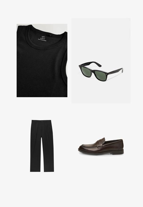 Musta nahkatakki, jossa on kauluspää, edessä vetoketjusuljenta, kaksi sivussa vetoketjullista taskua ja sileä pinta.; Musta topi, joka on valmistettu ribbikankaasta ja sillä on kapea malli. Sitä koristaa pyöreä pääntie ja litteät saumat, jotka antavat sileän viimeistelyn.; Mustat housut suoranlahkeisella muotoilulla, valmistettu sileästä kankaasta. Ominaisuuksiin kuuluu etupleateet ja yksi nappikiinnitys vyötäröllä.; Ruskeat nahka loaferit, joissa on sileä pinta, pyöristetty kärki ja ompeluyksityiskohtia. Ominaisuuksiin kuuluu matala, pinottu korko ja liukuhihnainen muotoilu.; Mustat muoviset aurinkolasit, joissa on vihreät linssit, neliönmuotoiset kehykset, hopeinen yksityiskohta kulmakarvojen kohdalla sekä tekstuuriset temppeleiden varret. Brändi ilmoitettu sisävarsissa.; Timex kello, jossa on valkoinen kellotaulu, mustat arabialaiset numerot ja kultasävyinen kuori. Varustettu ruskealla krokotiilikuosilla varustetulla nahkaketjulla ja päivämääränäytöllä.