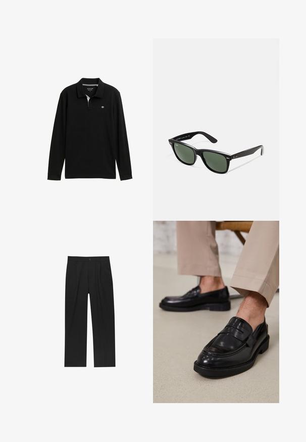 Musta nahkatakki, jossa on kauluspää, edessä vetoketjusuljenta, kaksi sivussa vetoketjullista taskua ja sileä pinta.; Musta pitkähihaisella poolopaidalla, jossa on klassinen kaulus, valkoinen sisäkaulus ja logo rinnassa. Sujuva tekstuuri ja normaali istuvuus.; Mustat housut suoranlahkeisella muotoilulla, valmistettu sileästä kankaasta. Ominaisuuksiin kuuluu etupleateet ja yksi nappikiinnitys vyötäröllä.; Musta nahkakengät, joissa on sileä pinta, koristetasku ja kontrastisomistus, yhdistettynä vaaleanbeigeihin housuihin.; Mustat muoviset aurinkolasit, joissa on vihreät linssit, neliönmuotoiset kehykset, hopeinen yksityiskohta kulmakarvojen kohdalla sekä tekstuuriset temppeleiden varret. Brändi ilmoitettu sisävarsissa.