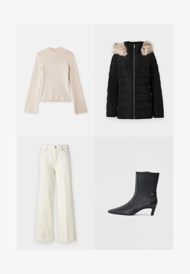 Jachetă puf din material negru, cu fermoar frontal, dotată cu o margine de blană sintetică pe glugă, design matlasat și buzunare laterale. Material texturat, ușor.; Pulover bej deschis cu mânecă lungă și guler înalt, cu o textură moale, siluetă ajustată și guler cu dantelă. Design simplu, fără modele sau accente.; Blugi albi evazați dintr-o țesătură din bumbac. Prezintă un fermoar la braguă, un design cu cinci buzunare și cusături de-a lungul cusăturilor.; Botine din piele neagră cu vârf ascuțit și toc mic. Au o textură netedă și un detaliu mic cu un logo auriu pe lateral.