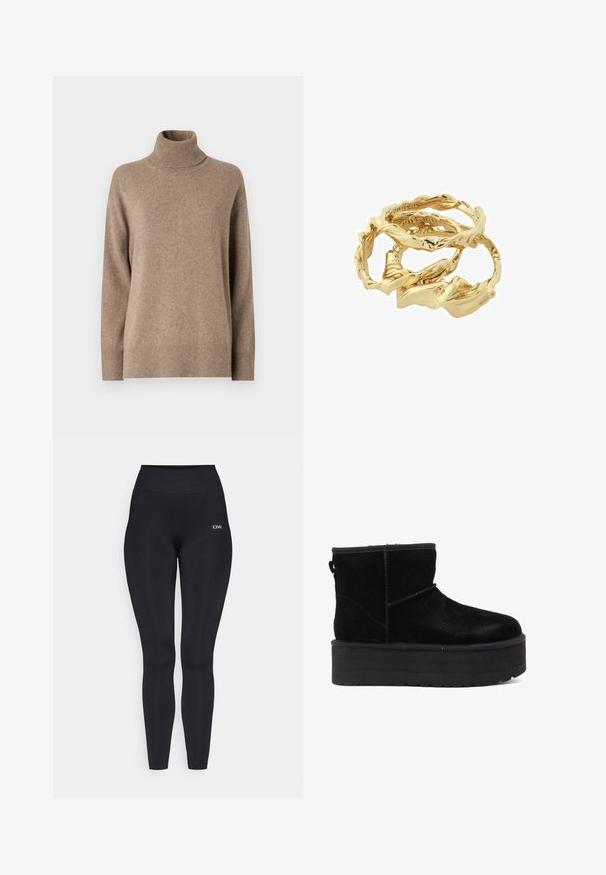 Abrigo de piel marrón con un diseño largo y recto, solapas anchas y frente abierto. La textura suave y las mangas de longitud completa añaden calidez y estilo.; Suéter de cuello alto beige hecho de una tela suave y texturizada. Presenta mangas largas y un dobladillo y cuello acanalados. Diseño simple y minimalista.; Leggings negros con una cintura alta, hechos de una tela suave y elástica. Presentan un pequeño detalle con el logo cerca de la cintura.; Botines de ante negro con una suela de plataforma gruesa y forro suave. Terminado con acentos de costura y una lengüeta trasera para facilitar su colocación.; Anillos retorcidos en tono dorado apilados juntos, con un diseño texturizado y bordes suaves y curvos, creando una apariencia orgánica y fluida.