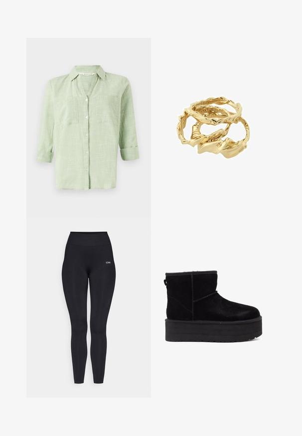 Manteau en fourrure brun avec un design long et droit, des revers larges et une ouverture à l'avant. Sa texture douce et ses manches longues ajoutent chaleur et style.; Chemise à boutons vert clair avec un motif à carreaux texturé, manches retroussées et deux poches sur la poitrine. Fabriquée en tissu doux et respirant.; Leggings noirs avec une taille haute, fabriqués à partir d'un tissu lisse et extensible. Présente un petit logo près de la taille.; Bottines en suede noir avec une semelle épaisse et un intérieur doux. Finition avec des accents de couture et une languette arrière pour les enfiler facilement.; Bagues torsadées en ton or empilées ensemble, présentant un design texturé avec des bords lisses et arrondis, créant une apparence organique et fluide.