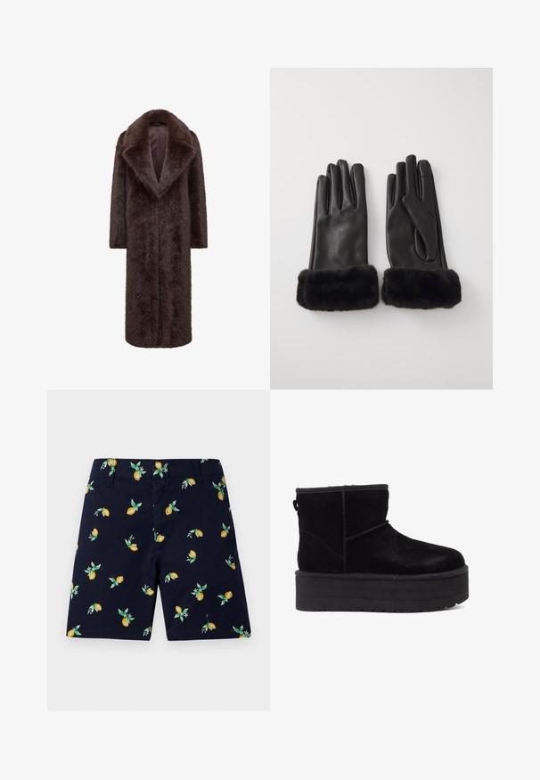 Casaco de pelo castanho com um design longo e reto, lapelas largas e frente aberta. A textura suave e as mangas de comprimento total aumentam o calor e o estilo.; Top cropped preto de mangas longas com um decote alto. Feito de um material liso e ajustado, sem padrões ou detalhes visíveis.; Calções azul-marinho com um padrão de limões e folhas. Feitos de um tecido leve, com corte reto e bolsos laterais.; Botas de tornozelo em camurça preta com uma sola de plataforma grossa e forro macio. Acabadas com costuras decorativas e uma alça na parte de trás para facilitar o calçar.; Pieces PCRUJIA SMART GLOVES - Luvas - black