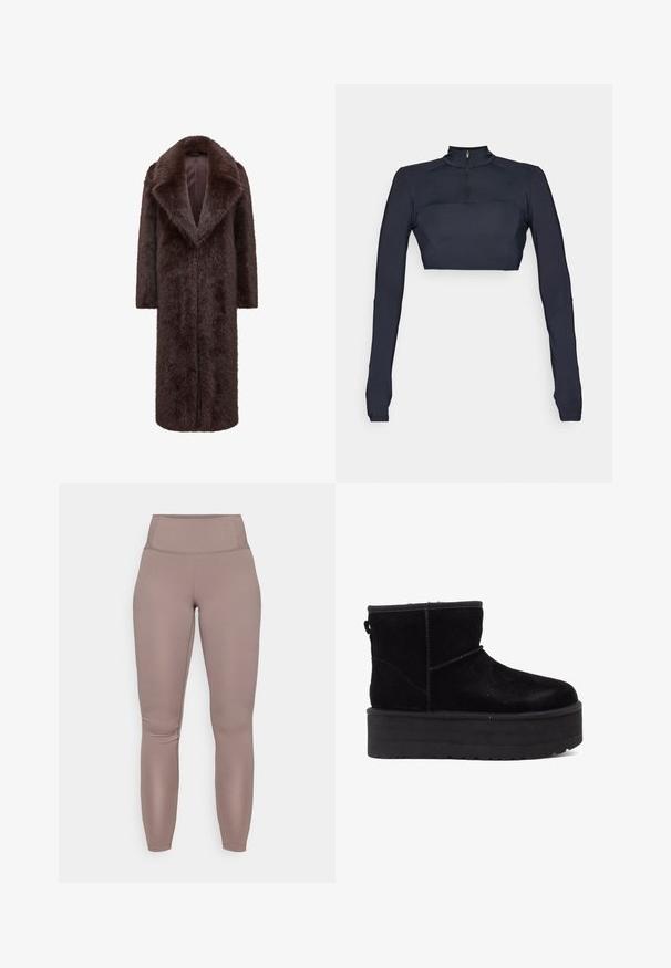 Hnedý kožený kabát s dlhým, rovnym dizajnom, širokými klopami a otvoreným predným dielom. Mäkka textúra a dlhé rukávy zvyšujú teplo a štýl.; Námořnická modrá crop top s dlouhým rukávem, s imitací krku a čtvrtým zipem, s texturovanými ramenními panely a přiléhavým střihem.; Legíny s vysokým pásom, priliehavé, v jednotnej taupe farbe, s hladkým, elastickým materiálom a čistým, bezšvovým dizajnom.; Čierne semišové členkové topánky s hrubou platformou a mäkkou podšívkou. Doplnené o prešívacie detaily a zadný úchyt pre jednoduché obúvanie.