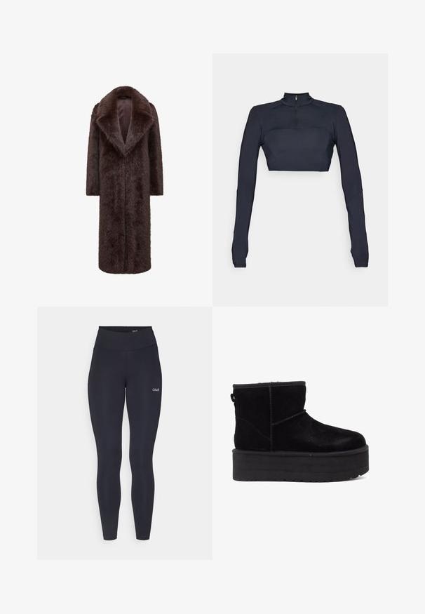 Palton de blană maro cu un design lung și drept, cu rever larg și față deschisă. Textura moale și mânecile lungi contribuie la căldură și stil.; Cămașă scurtă cu mânecă lungă de culoare albastru marin, cu guler înalt și fermoar pe o parte, având panouri texturate pe umeri și o siluetă ajustată.; Colanți negri cu talie înaltă, fabricați dintr-un material elastic, având un mic logo alb pe coapsă și o textură netedă.; Botine negre din suede, cu o talpă groasă și interior moale. Finalizate cu accente de cusătură și cu o bucată în spate pentru o încălțare ușoară.