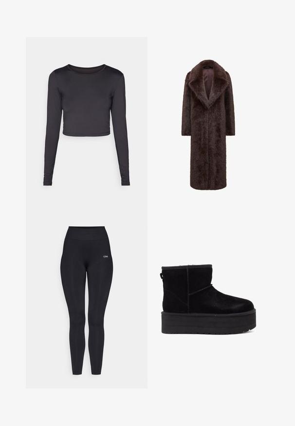 Barna szőrme kabát hosszú, egyenes fazonnal, széles hajtókákkal és nyitott elülső résszel. A puha textúra és a full-hosszúságú ujjak fokozzák a melegséget és a stílust.; Hosszú ujjú, fekete, cropped top, sima anyagból készült. Kerek nyakkivágással és testhez simuló sziluettel rendelkezik, finom hemstitching-gel.; Fekete leggings, magas derékkal, sima, rugalmas anyagból készült. Apró logórészlet található a derékrésznél.; Fekete velúr bokacsizmák vastag platform talppal és puha béléssel. A könnyű felhúzást segítő varrásos díszítéssel és hátsó húzófüllel készültek.