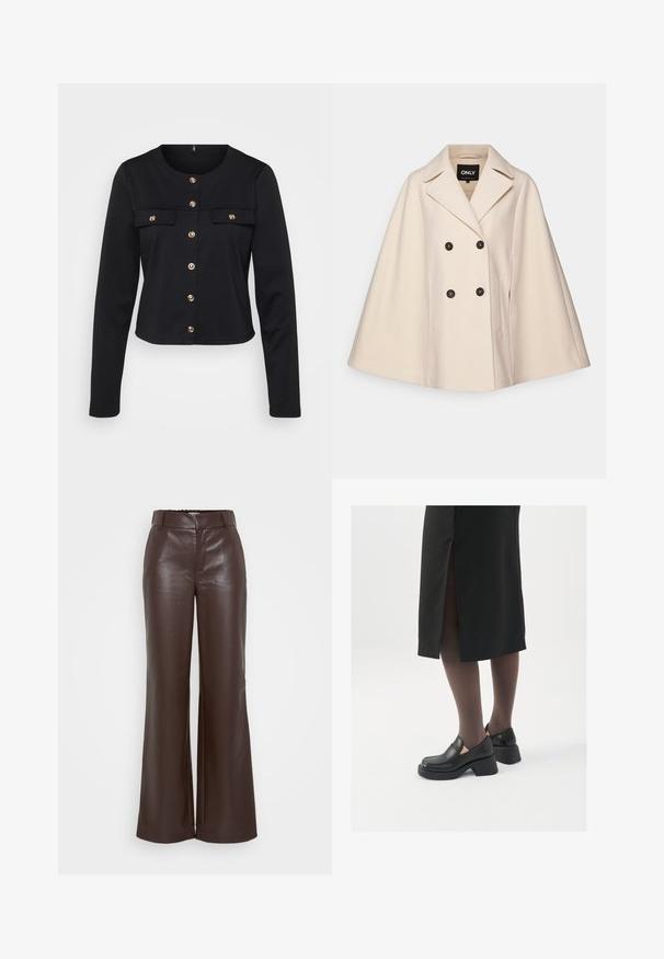 Beige wool blend cape coat with a double-breasted design, large lapels, and two side pockets; features dark buttons and a soft texture.; Black long-sleeve cropped jacket with a round neckline, gold-button closure, and two chest pockets. Soft fabric with a smooth texture.; Black ribbed turtleneck top, short sleeves, form-fitting design, soft texture, minimal seams, and a high collar.; ONLY Tall ONLSMOOTH WIDE - Trousers - seal brown; Black leather shoes with a rounded toe, thick block heel, and elastic side accents, paired with dark tights and a black skirt with a slit.