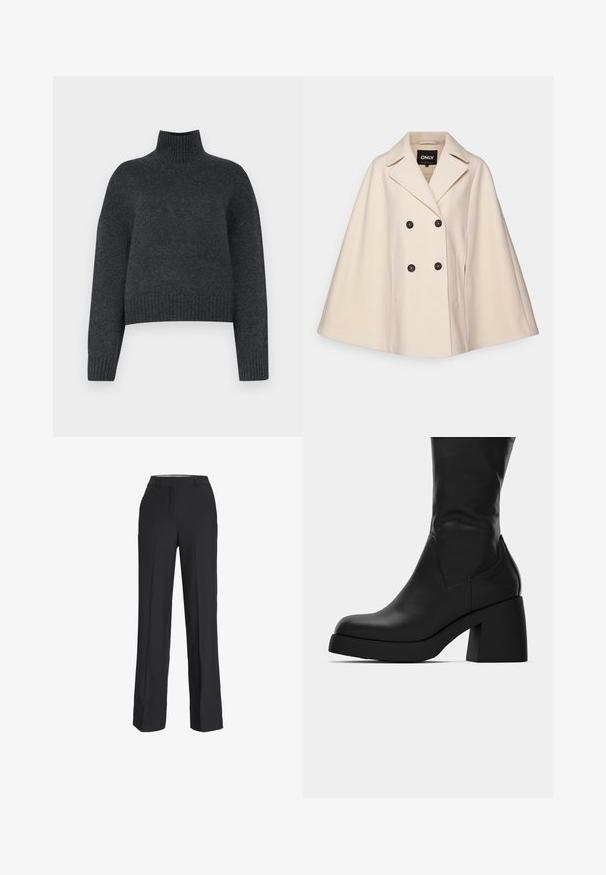 Beige wool blend cape coat with a double-breasted design, large lapels, and two side pockets; features dark buttons and a soft texture.; DAY Birger et Mikkelsen KENDRA  - Jumper - antracit grey; Black, high-waisted trousers with a straight-leg fit. Made from a smooth fabric, featuring front pleats and side pockets.; Black mid-calf leather boot with chunky block heel and rounded toe, showing side profile on white background.