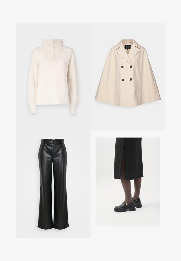 Beige wollen blendcape met een dubbelzijdig ontwerp, grote kleppen en twee zijzakken; heeft donkere knopen en een zachte textuur.; JDY INGEBORG LIFE - Trui - pumice stone; ONLY Tall ONLSMOOTH WIDE - Broek - black; Zwarte leren schoenen met een ronde neus, dikke blokhak en elastische zijkanten, gecombineerd met donkere panty's en een zwarte rok met een split.