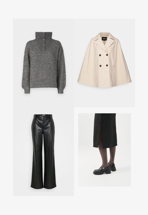Cappotto in misto lana beige con design doppiopetto, ampi rever e due tasche laterali; presenta bottoni scuri e una trama morbida.; JDY INGEBORG LIFE - Maglione - dark grey; ONLY Tall ONLSMOOTH WIDE - Pantaloni - black; Scarpe in pelle nera con punta arrotondata, tacco spesso a blocco e accenti laterali in elastico, abbinate a collant scuri e una gonna nera con uno spacco.