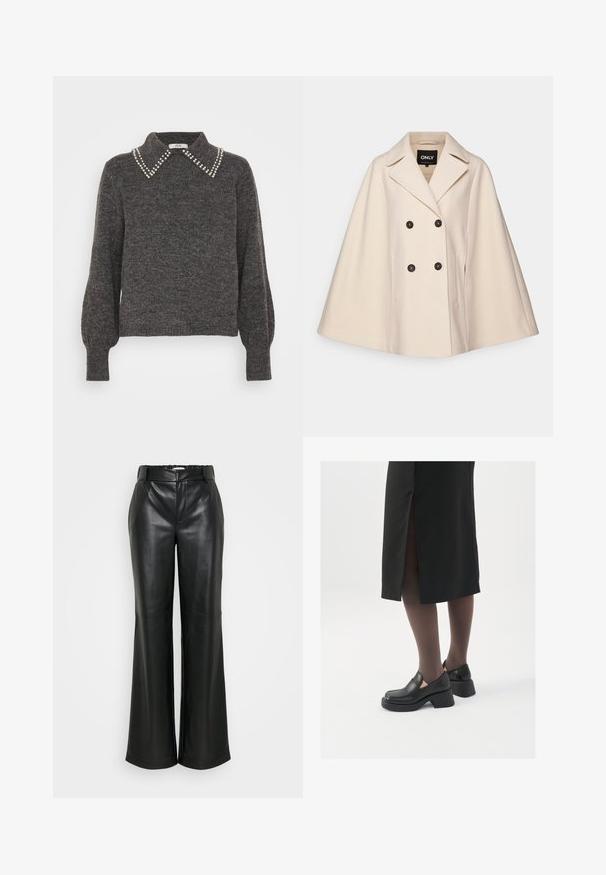Capa de casaco em mistura de lã bege com um design de botão duplo, grandes lapelas e dois bolsos laterais; apresenta botões escuros e uma textura macia.; Sweater cinza escuro com um tricot texturizado, apresentando um colarinho adornado com pérolas e mangas bufantes, punhos e barra canelados.; ONLY Tall ONLSMOOTH WIDE  - Calças - black; Sapatos de couro pretos com bico arredondado, salto bloco grosso e detalhes elásticos laterais, combinados com meias escuras e uma saia preta com uma abertura.