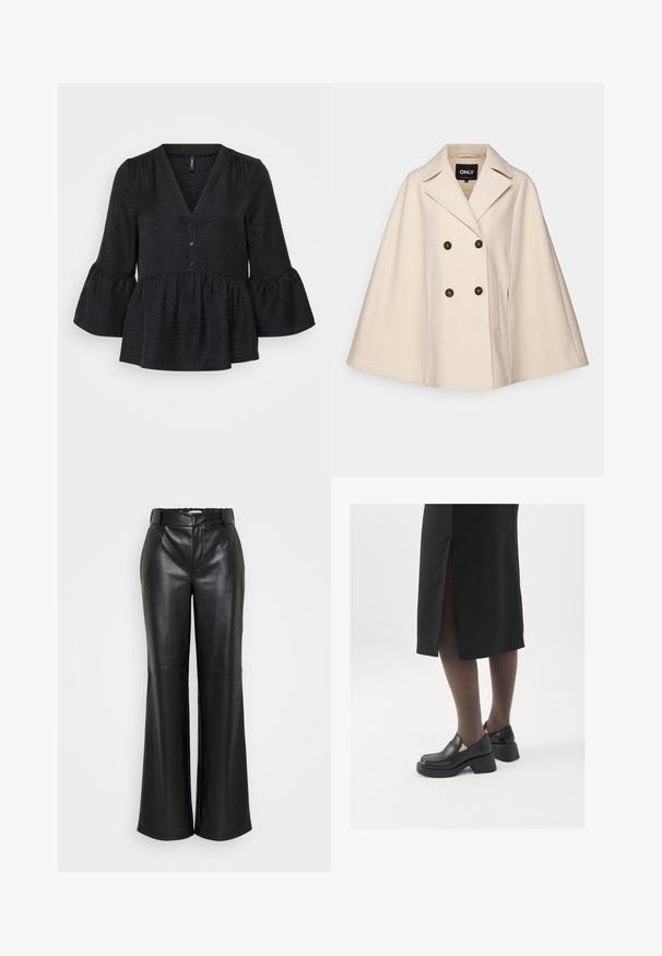 Bež kaput od vune s mješavinom, dvostrukog zatvaranja, velikim reverima i dva bočna džepa; sadrži tamne gumbe i mekanu teksturu.; Crna peplum majica s V-izrezom, dugmadi i raširenim rukavima. Izrađena od teksturirane tkanine s mekanim završetkom.; Crna rebrasta majica s visokim ovratnikom, kratki rukavi, oblikovani kroj, mekana tekstura, minimalni šavovi.; ONLY Tall ONLSMOOTH WIDE - Hlače - black; Crne kožne cipele s zaobljenim vrhom, debelim blok petama i elastičnim bočnim detaljima, uparene s tamnim čarapama i crnom suknjom s prorezom.