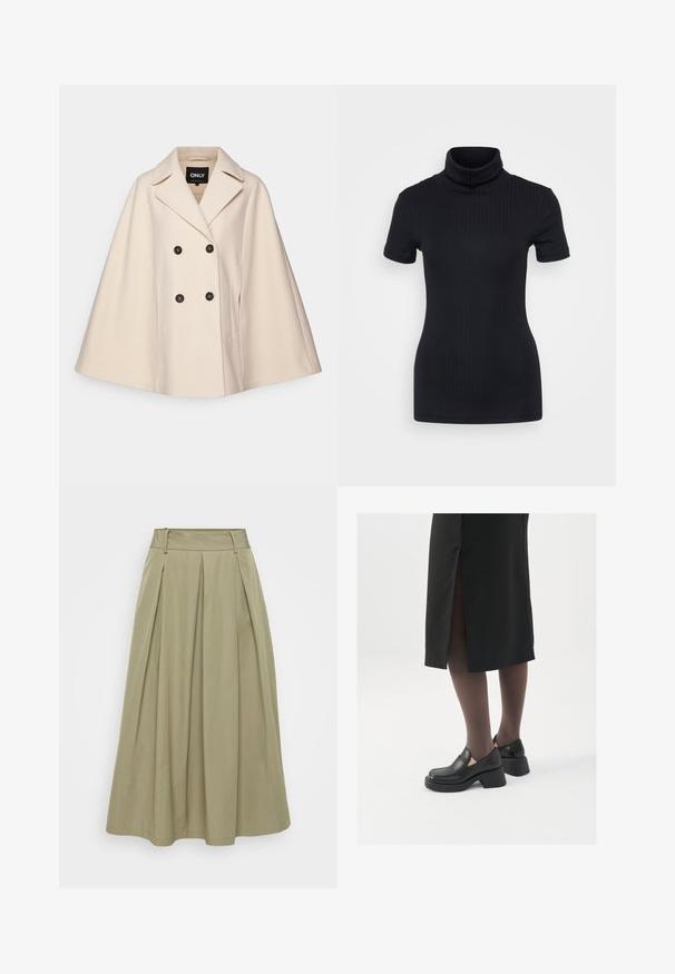 Beige ullblandingskappe med dobbeltradet design, store klaffer og to sidelommer; har mørke knapper og en myk tekstur.; Svart ribbet høyhalset topp, kort ermer, tettsittende design, myk tekstur, minimale sømmer og høy krage.; Kamelfarget plissert skjørt laget av lett materiale, med høy midje og rene linjer; har en subtil glans og ingen synlige dekorasjoner.; Sorte lærersko med rund tå, tykk blokkheel og elastiske sideaksenter, sammen med mørke strømpebukser og et svart skjørt med splitt.