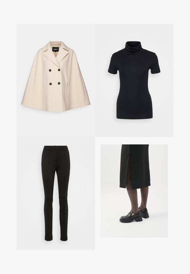 Capa de casaco em mistura de lã bege com um design de botão duplo, grandes lapelas e dois bolsos laterais; apresenta botões escuros e uma textura macia.; Top preto de gola alta, de manga curta, com um design ajustado, textura suave, costuras mínimas e uma gola alta.; Calças pretas feitas à medida com um corte ajustado. Apresentam uma textura suave, detalhe de vinco à frente e um fecho de botão único na cintura.; Sapatos de couro pretos com bico arredondado, salto bloco grosso e detalhes elásticos laterais, combinados com meias escuras e uma saia preta com uma abertura.