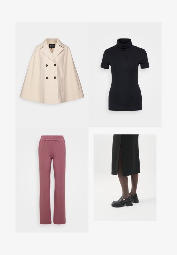 Beige gyapjú keverék köpeny, dupla gombos kialakítással, nagy hajtogatókkal és két oldalsó zsebbel; sötét gombokkal és puha textúrával rendelkezik.; Fekete bordás garbó, rövid ujjú, testhez simuló dizájn, puha tapintás, minimális varrásokkal és magas gallérral.; Világos lila egyenes lábú nadrág, rugalmas derékkal. Puha anyagból készült, függőleges varrásokkal a letisztult megjelenés érdekében.; Fekete bőr cipők lekerekített orral, vastag blokk sarkakkal és elasztikus oldalsó díszítésekkel, sötét harisnyával és hasítékkal ellátott fekete szoknyával párosítva.