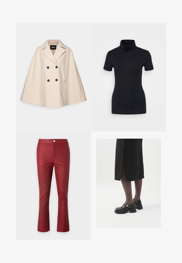 Beige villa sekoittumalla takki, jossa on kaksoisnappi, suuret kaulukset ja kaksi sivutaskua; siinä on tummat napit ja pehmeä rakenne.; Musta ribbed poolikaeluse top, lühikesed varrukad, keha külge liibuv disain, pehme tekstuur, minimaalsed õmblused ja kõrge krae.; Punat nahkaa housut, joissa on muotoiltu design, keskikorkea vyötärö ja levenevät hihnat. Varustettu etupainikkeella ja sileällä pinnalla.; Mustat nahkakengät pyöreällä kärjellä, paksulla lohkopohjalla ja joustavilla sivuakkesseilla, yhdistettynä tummiin sukkahousuihin ja mustaan hameeseen, jossa on halkio.