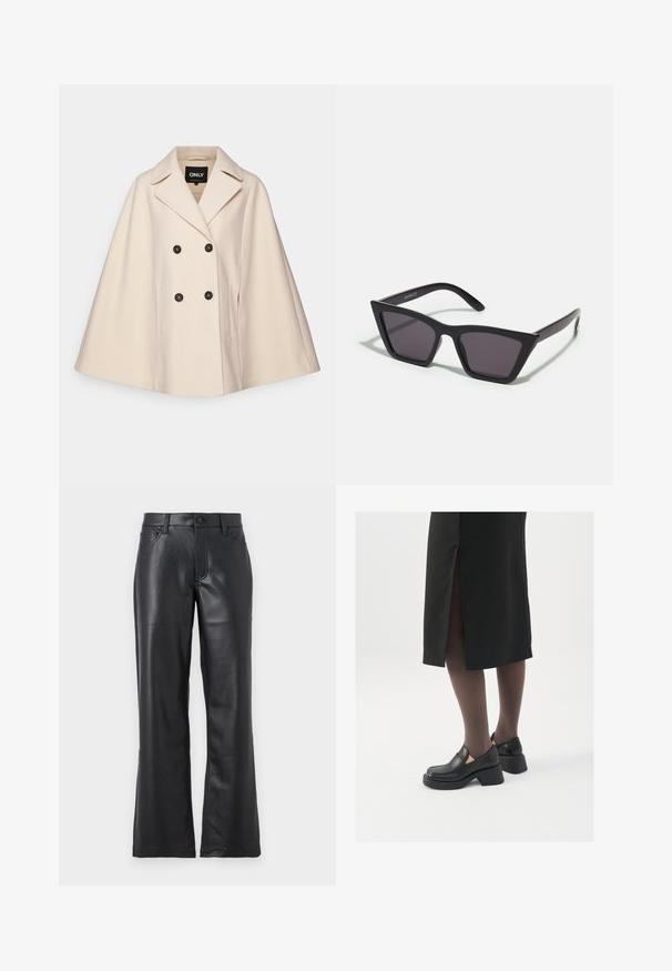 Capa de mezcla de lana color beige con diseño de doble botonadura, grandes solapas y dos bolsillos laterales; cuenta con botones oscuros y una textura suave.; Top de cuello alto negro con acanalado, de manga corta, diseño ajustado, textura suave, costuras mínimas y un cuello alto.; Pantalones de cuero negro con un diseño acampanado, que presentan bolsillos frontales, presillas para cinturón y un cierre de botón. Textura suave con costuras visibles.; Zapatos de piel negra con punta redondeada, tacón grueso y bloque, y acentos elásticos en los laterales, combinados con unos pantys oscuros y una falda negra con una abertura.; Gafas de sol negras y angulares con lentes grises; fabricadas en plástico, con varillas gruesas de superficie suave y sin herrajes visibles.