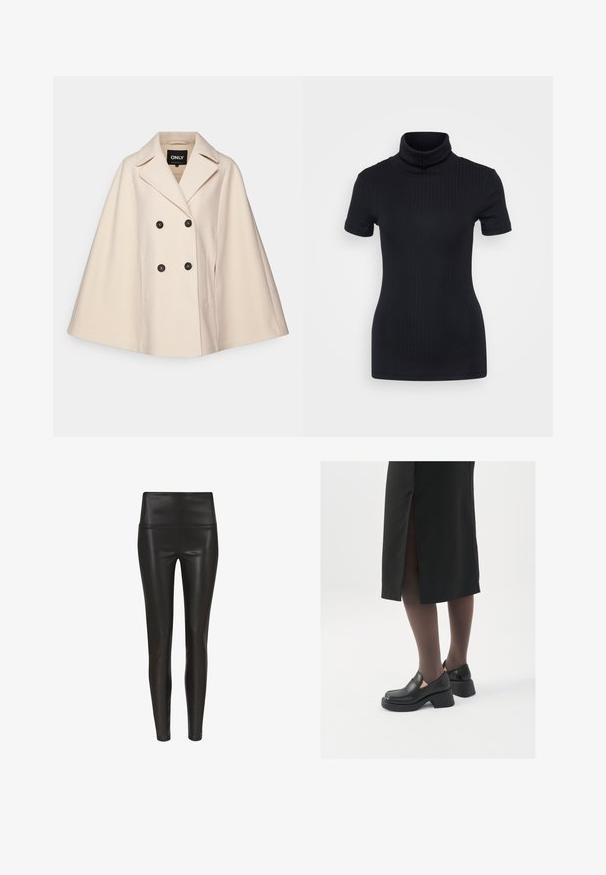 Bež plašč iz volnene mešanice z dvojnim zapenjanjem, velikimi ovratniki in dvema stranskima žepoma; ima temne gumbe in mehak tekstur.; Črna rebrasta majica s turtleneck ovratnikom, kratkimi rokavi, prilegnjenim dizajnom, mehkimi vlakni, minimalnimi šivi in visokim ovratnikom.; Visoko pasne črne legice iz umetnega usnja z gladko, sijočo površino in prilegnjenim krojem, ki se zožujejo pri gležnju. Brez vidnih šivov.; Črne usnjene čevlje s zaobljenim prstom, debelim blokastim petama in elastičnimi stranskimi detajli, v kombinaciji s temno nogavicami in črno krilo z razporkom.